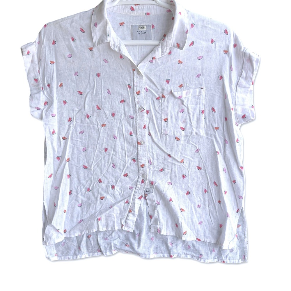 Rails Watermelon Print Shirt Women Large White Short Sleeve Button Down Linen